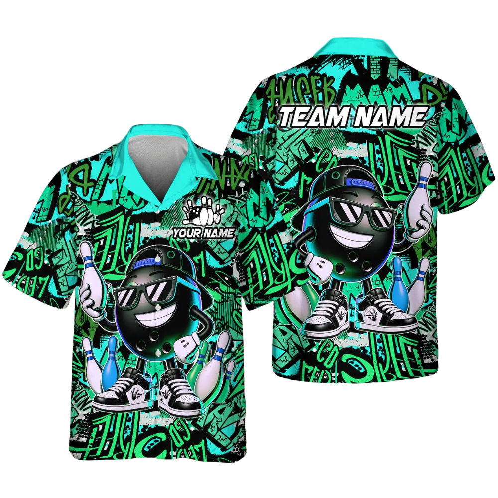 Custom Funny Ball And Pin Graffiti Bowling Hawaiian Shirt For Men, Custom Graffiti Bowling Team Shirts BE0191