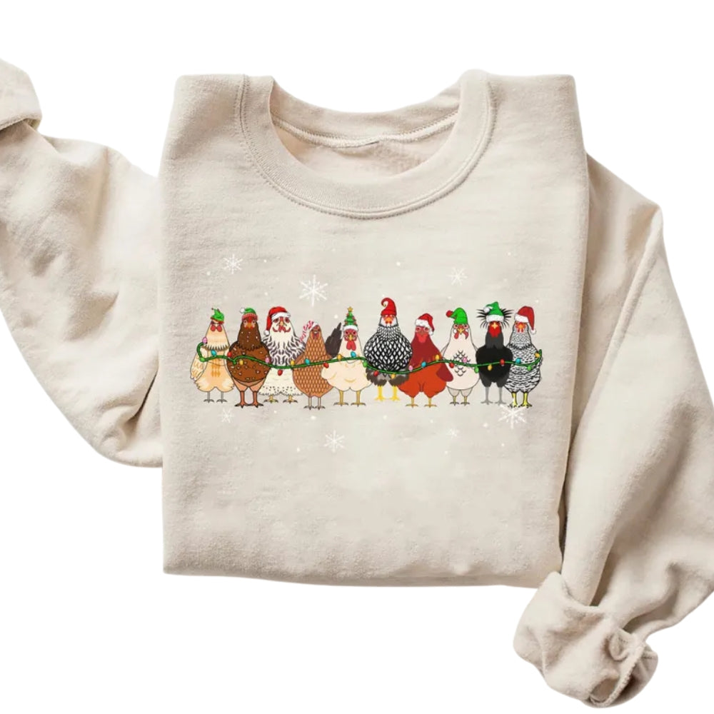 Womens Christmas Chickens Sweatshirt, Christmas Farm Animals Sweatshirt 2D0575