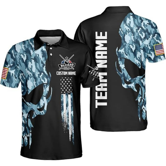 Custom Blue Camo Skull Billiard Polo Shirt For Men, Custom Skull Billiard Team Shirts BIZ0169