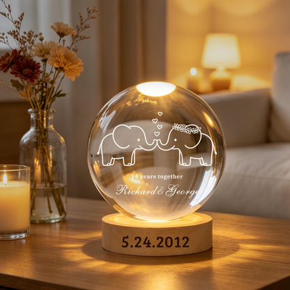 14 Years Together Custom Couple Name Crystal Ball Led Night Light, Custom Ivory Wedding Anniversary Night Light WD0907