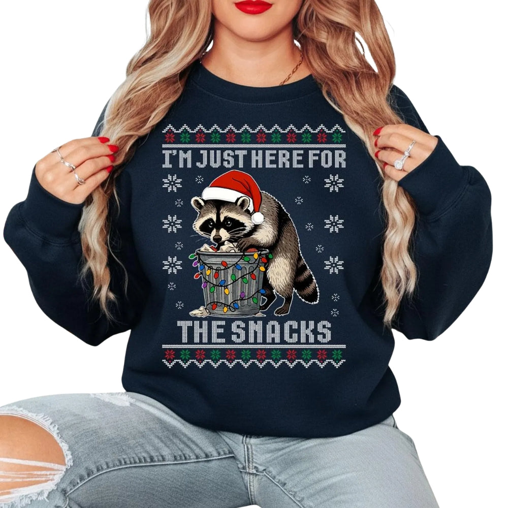 I'm Just Here For The Snacks Raccoon Christmas Sweatshirt, Funny Raccoon Christmas Sweatshirt 2D0576