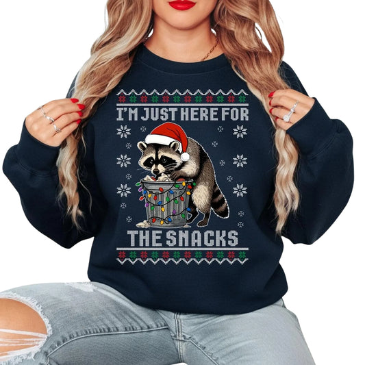 I'm Just Here For The Snacks Raccoon Christmas Sweatshirt, Funny Raccoon Christmas Sweatshirt 2D0576