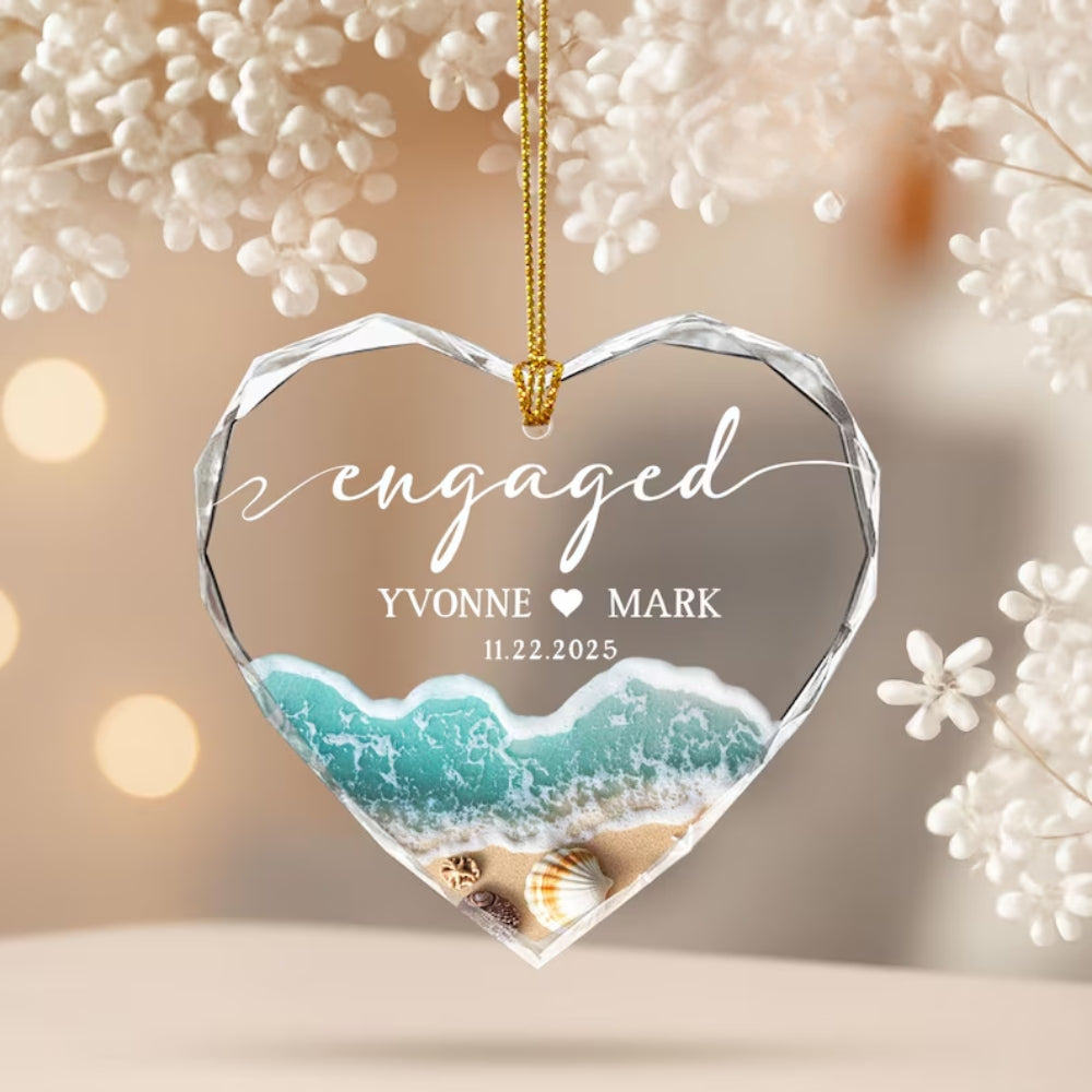 Custom Beach Engaged Glass Ornament With Couple Name, Custom Coastal Engagement Keepsake Ornament WD0293