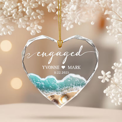 Custom Beach Engaged Glass Ornament With Couple Name, Custom Coastal Engagement Keepsake Ornament WD0293