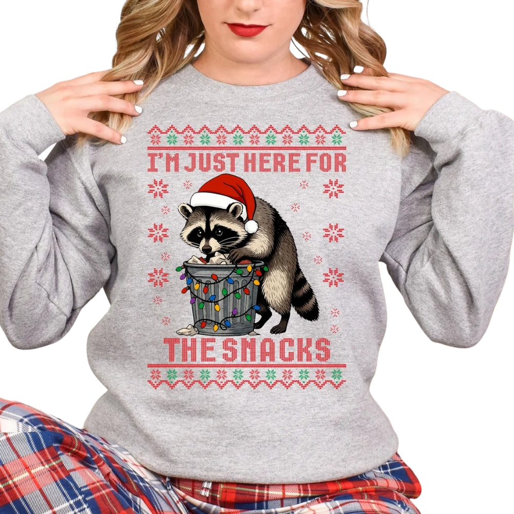 I'm Just Here For The Snacks Raccoon Christmas Sweatshirt, Funny Raccoon Christmas Sweatshirt 2D0576