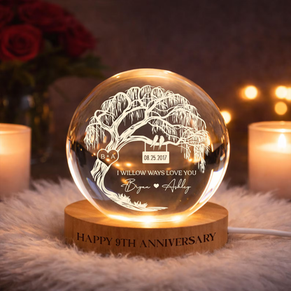 Custom Willow Tree Crystal Ball Led Night Light, Custom 9th Wedding Anniversary Night Light WD0908