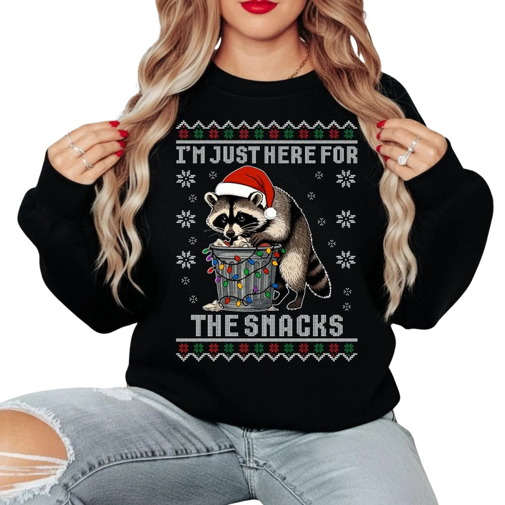 I'm Just Here For The Snacks Raccoon Christmas Sweatshirt, Funny Raccoon Christmas Sweatshirt 2D0576