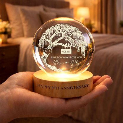 Custom Willow Tree Crystal Ball Led Night Light, Custom 9th Wedding Anniversary Night Light WD0908