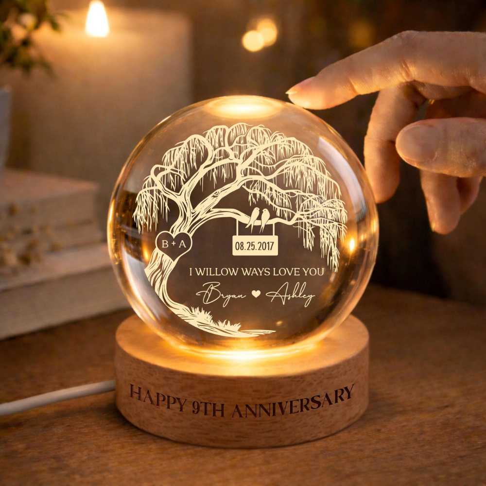 Custom Willow Tree Crystal Ball Led Night Light, Custom 9th Wedding Anniversary Night Light WD0908