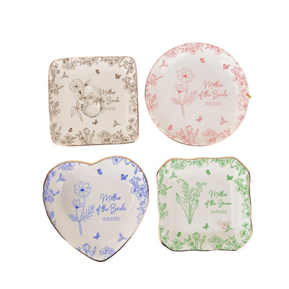 Custom Birth Month Flower Mother Of The Bride Groom Ring Dish, Personalized Wedding Jewelry Dish For Mom WD0151