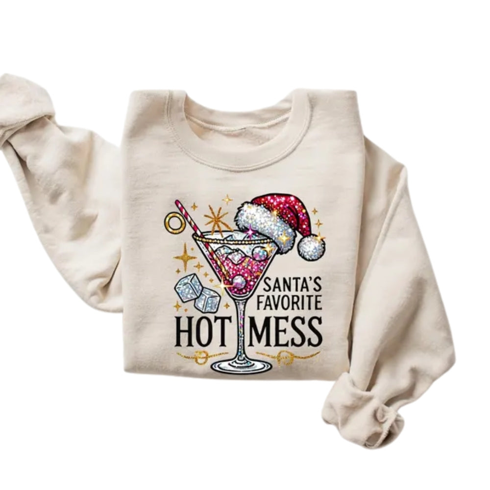Santa's Favorite Hot Mess Sweatshirt, Christmas Martini Drink Sweatshirt 2D0355