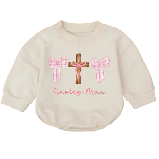 Cross And Bow Baby Girl Romper Sweatshirt, Christian Baby Romper Sweater BB0681