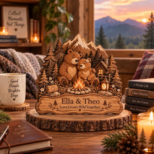 Personalized Bear Couple Layer Wooden Plauqe, Custom Bear Wedding Anniversary Wooden Block WD0992