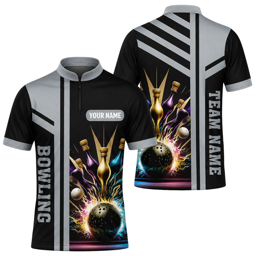 Custom Team Black Grey Bowling Jersey Mens, Custom Bowling Shirts BZ0455