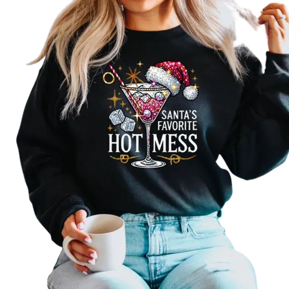 Santa's Favorite Hot Mess Sweatshirt, Christmas Martini Drink Sweatshirt 2D0355
