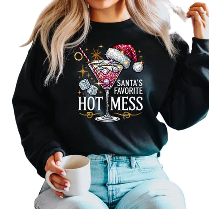 Santa's Favorite Hot Mess Sweatshirt, Christmas Martini Drink Sweatshirt 2D0355