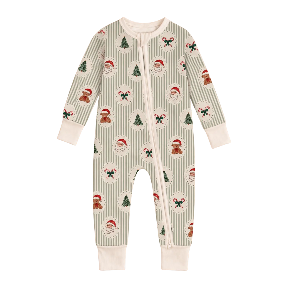 Santa Green Striped Baby Convertible Zippy Romper, Christmas Baby Romper Convertible BB0925