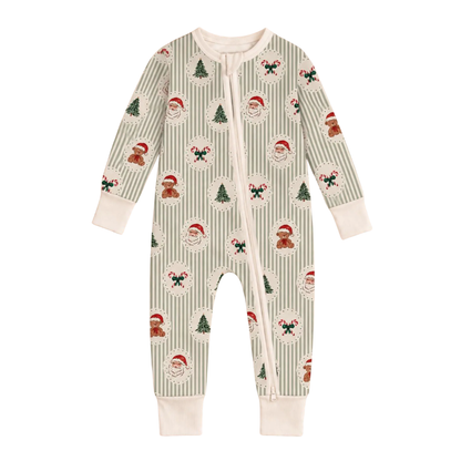 Santa Green Striped Baby Convertible Zippy Romper, Christmas Baby Romper Convertible BB0925