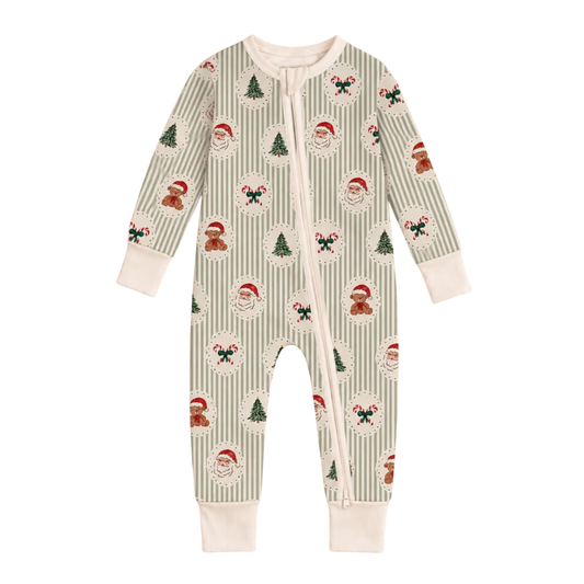 Santa Green Striped Baby Convertible Zippy Romper, Christmas Baby Romper Convertible BB0925