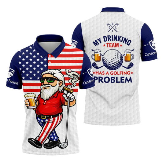 My Drinking Team Has A Golfing Problem Custom US Flag Funny Man Golf Polo Shirt, Custom Patriotic Beer Golf Shirts GB0018