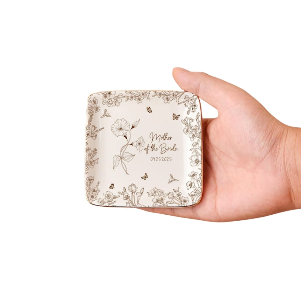 Custom Birth Month Flower Mother Of The Bride Groom Ring Dish, Personalized Wedding Jewelry Dish For Mom WD0151