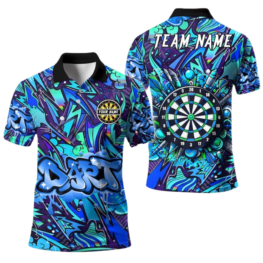 Custom Blue Graffiti Darts Team Polo Shirt For Mens, Custom Graffiti Darts Shirts DE0030