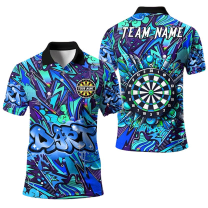 Custom Blue Graffiti Darts Team Polo Shirt For Mens, Custom Graffiti Darts Shirts DE0030