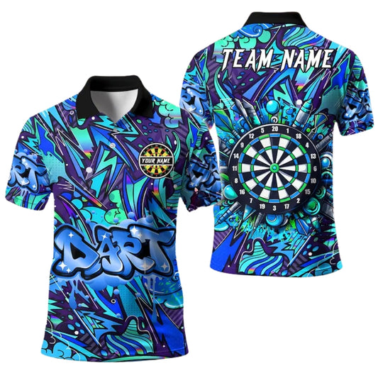 Custom Blue Graffiti Darts Team Polo Shirt For Mens, Custom Graffiti Darts Shirts DE0030