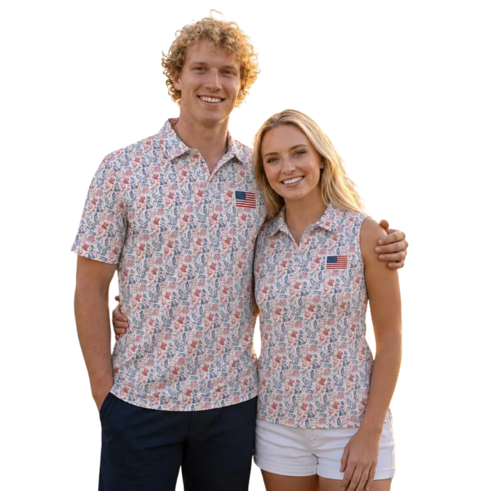USA Flag White Red Blue Pattern Matching Couple Golf Shirt, Matching 4th Of July Golf Shirt For His And Her GE0523