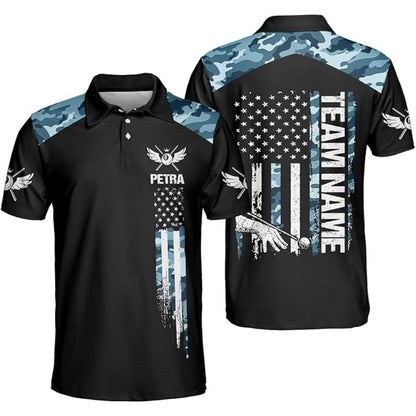 Custom Blue Camo USA Flag Billiard Men Polo Shirts, Custom Camo Patriotic Billiard Shirts For Team BIZ0171