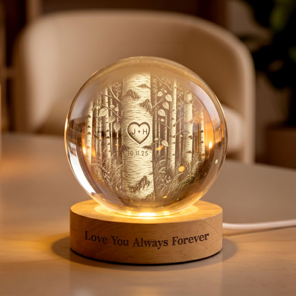 Custom Couple Initials And Date Crystal Ball Led Night Light, Custom Wedding Keepsake Night Light WD0915
