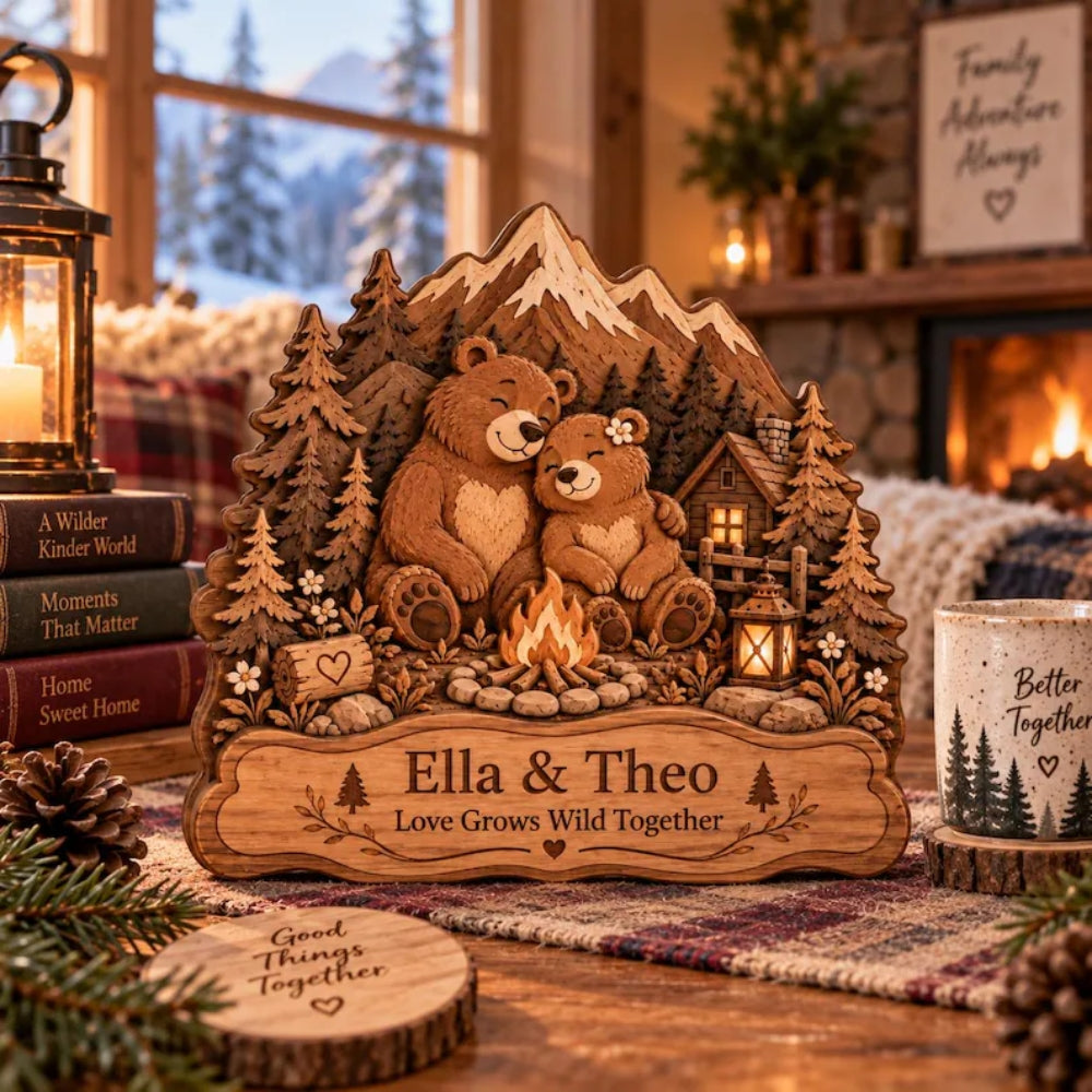 Personalized Bear Couple Layer Wooden Plauqe, Custom Bear Wedding Anniversary Wooden Block WD0992