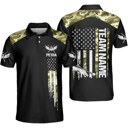 Custom Blue Camo USA Flag Billiard Men Polo Shirts, Custom Camo Patriotic Billiard Shirts For Team BIZ0171