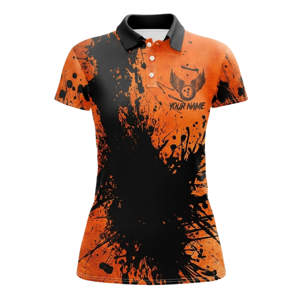 Women's Custom Team Orange Black Spash Bowling Polo Shirt, Custom Bowling Shirts For Ladies BZ0736