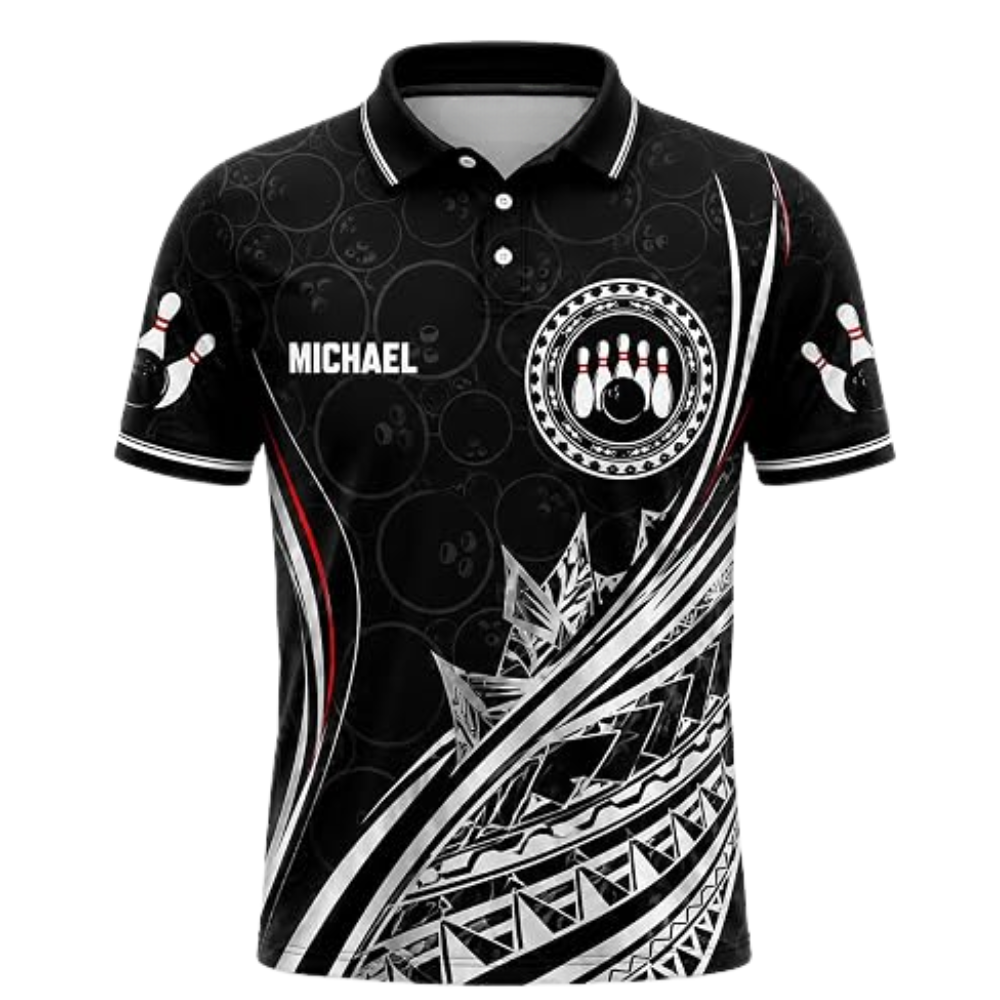 Custom Tribal Black Red White Bowling Polo Shirt For Men, Custom Tribal Bowling Team Shirt BZ0870