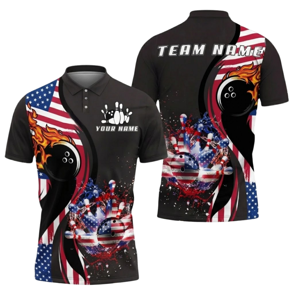 Custom American Flag Men's Bowling Polo Shirt, Custom Patriotic Bowling Team Shirts BZ0756