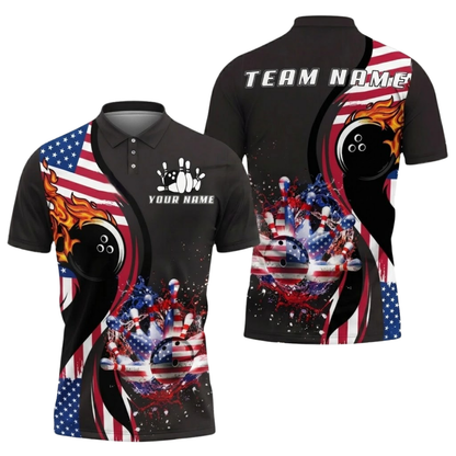 Custom American Flag Men's Bowling Polo Shirt, Custom Patriotic Bowling Team Shirts BZ0756