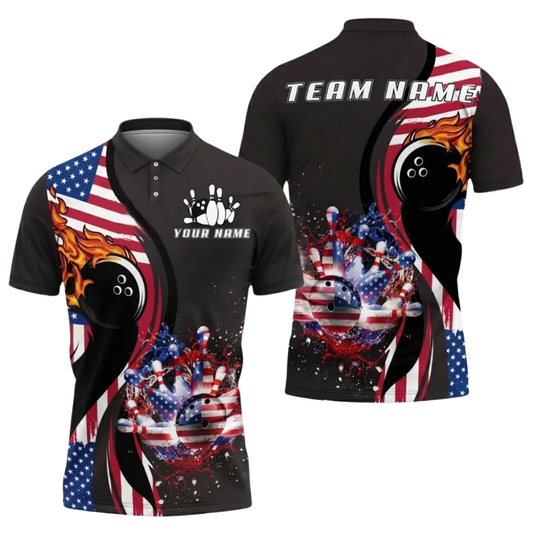 Custom American Flag Men's Bowling Polo Shirt, Custom Patriotic Bowling Team Shirts BZ0756