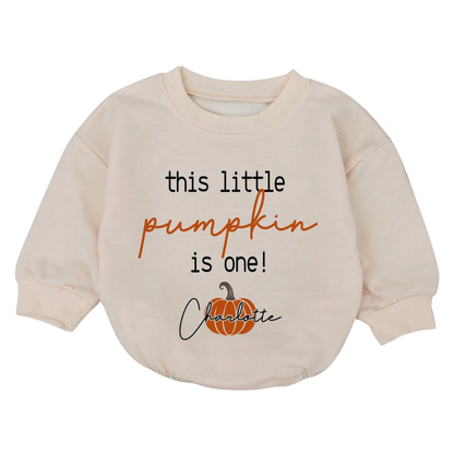 This Little Pumpkin Is One Custom Name Baby Romper Sweatshirt, Custom First Birthday Thanksgiving Baby Romper Sweatshirt BB0066