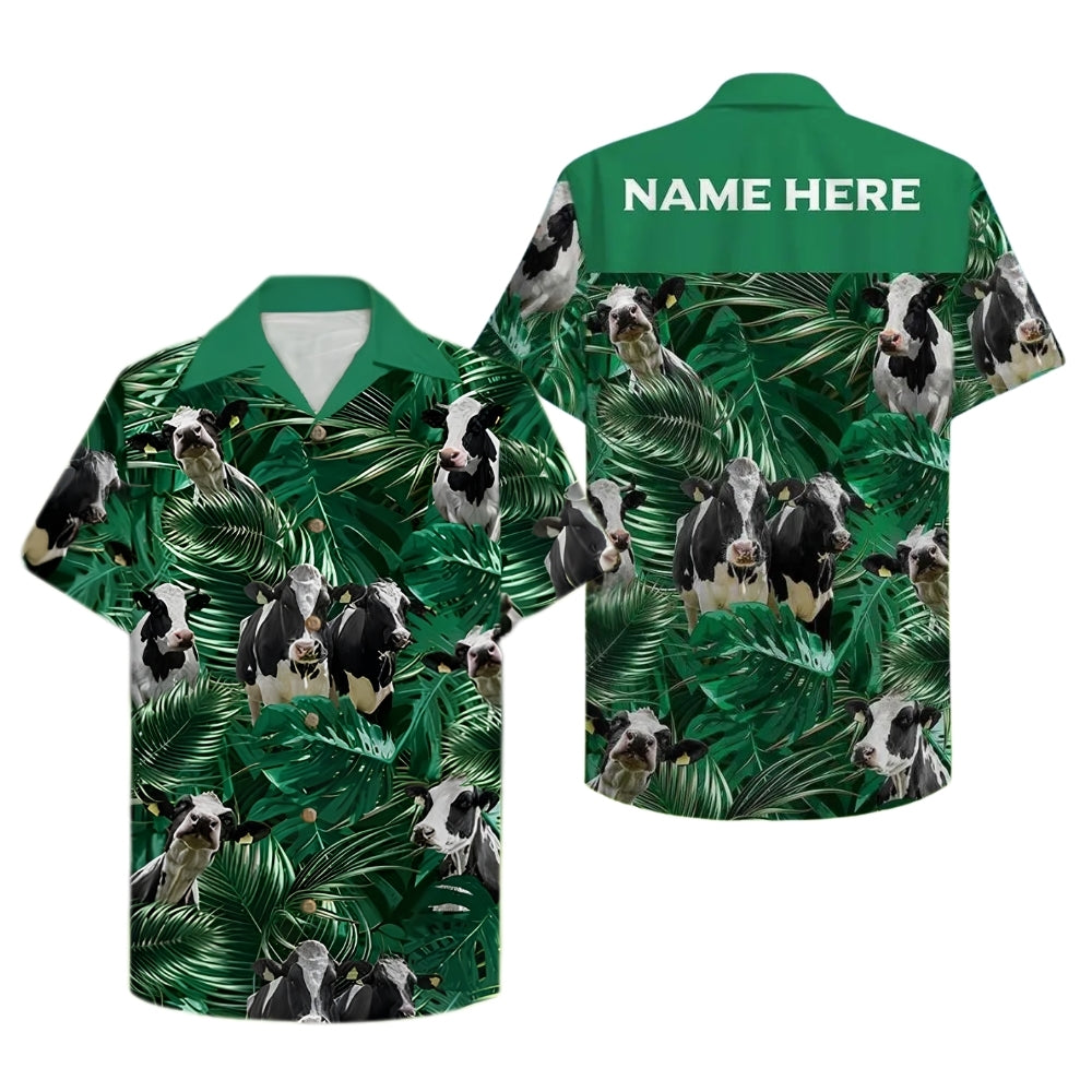 Custom Name Holstein Friesian Cow Tropical Green Hawaiian Shirt Men Women, Custom Cow Hawaiian Shirt For Farmer HE0481