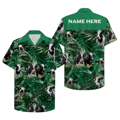 Custom Name Holstein Friesian Cow Tropical Green Hawaiian Shirt Men Women, Custom Cow Hawaiian Shirt For Farmer HE0481