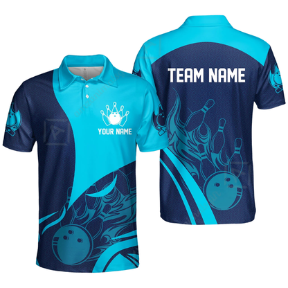 Custom Team Blue Cyan Bowling Polo Shirt Men, Custom Bowling Team Shirts BZ0629