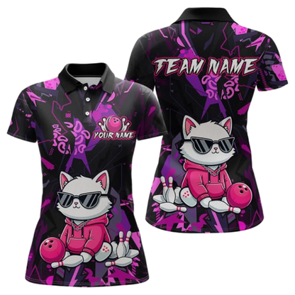 Women's Custom Cat Purple Black Bowling Polo Shirt, Custom Cat Bowling Team Shirts For Ladies BZ0671