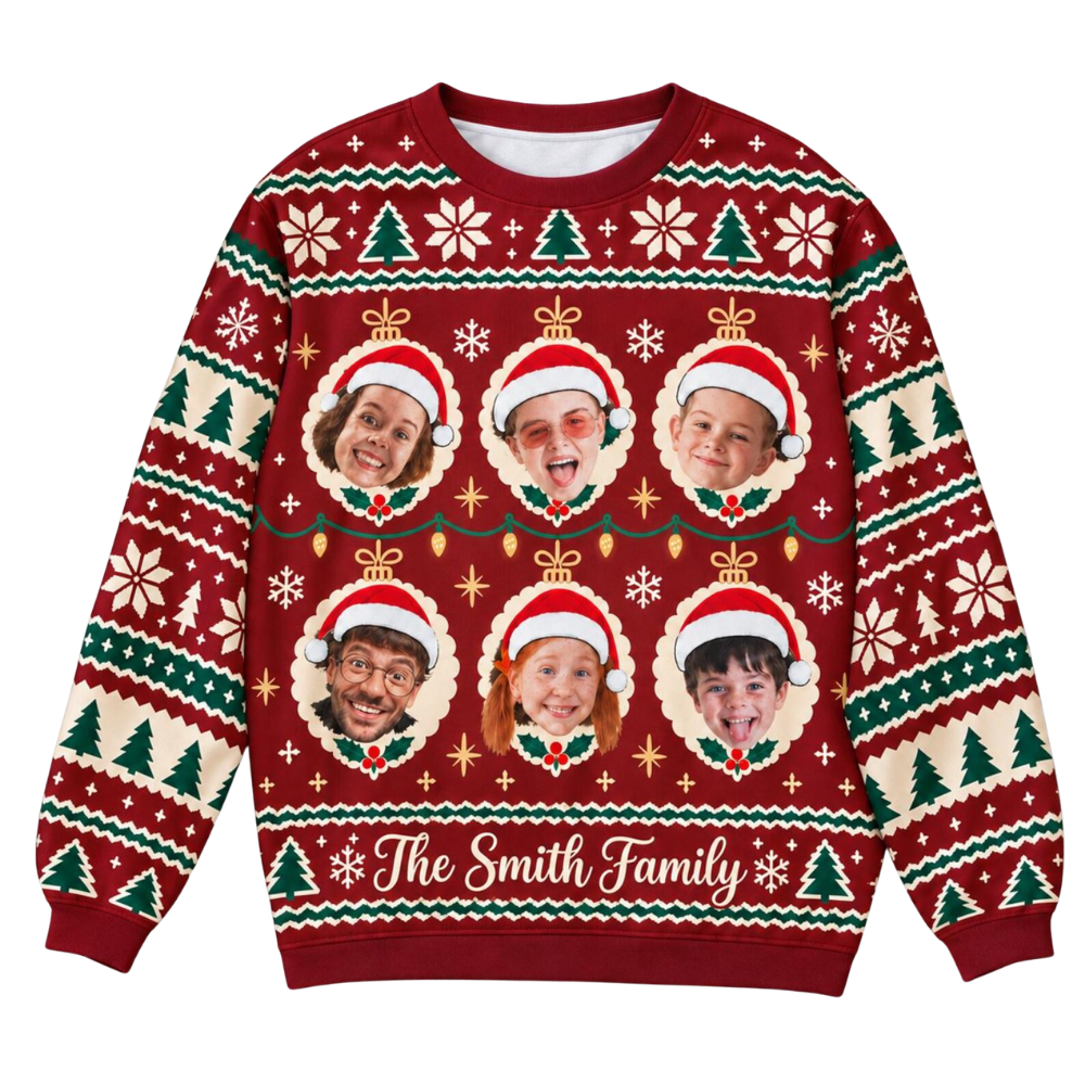 Family Faces Custom Photo Ugly Christmas Sweatshirt, Personalized Family Matching Ugly Xmas Sweater 2D1172