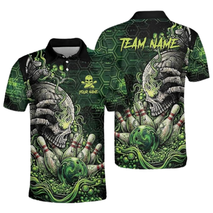 Custom Green Skeleton Bowling Polo Shirt For Men, Custom Skull Bowling Team Shirt BZ0922
