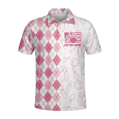 Peace Love Bowling Custom Pink Argyle Mens Bowling Polo Shirt, Custom Name Bowling Shirts BZ0644