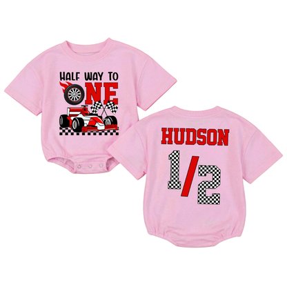 Personalized Racing Half Way to One Baby T Shirt Romper, 1/2 Birthday Baby Boy Romper BB0197