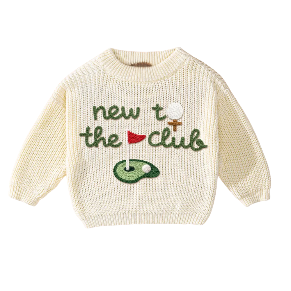 New To The Club Golf Baby Embroidered Knit Sweater, Golf Knit Sweatshirt For Baby BB0124