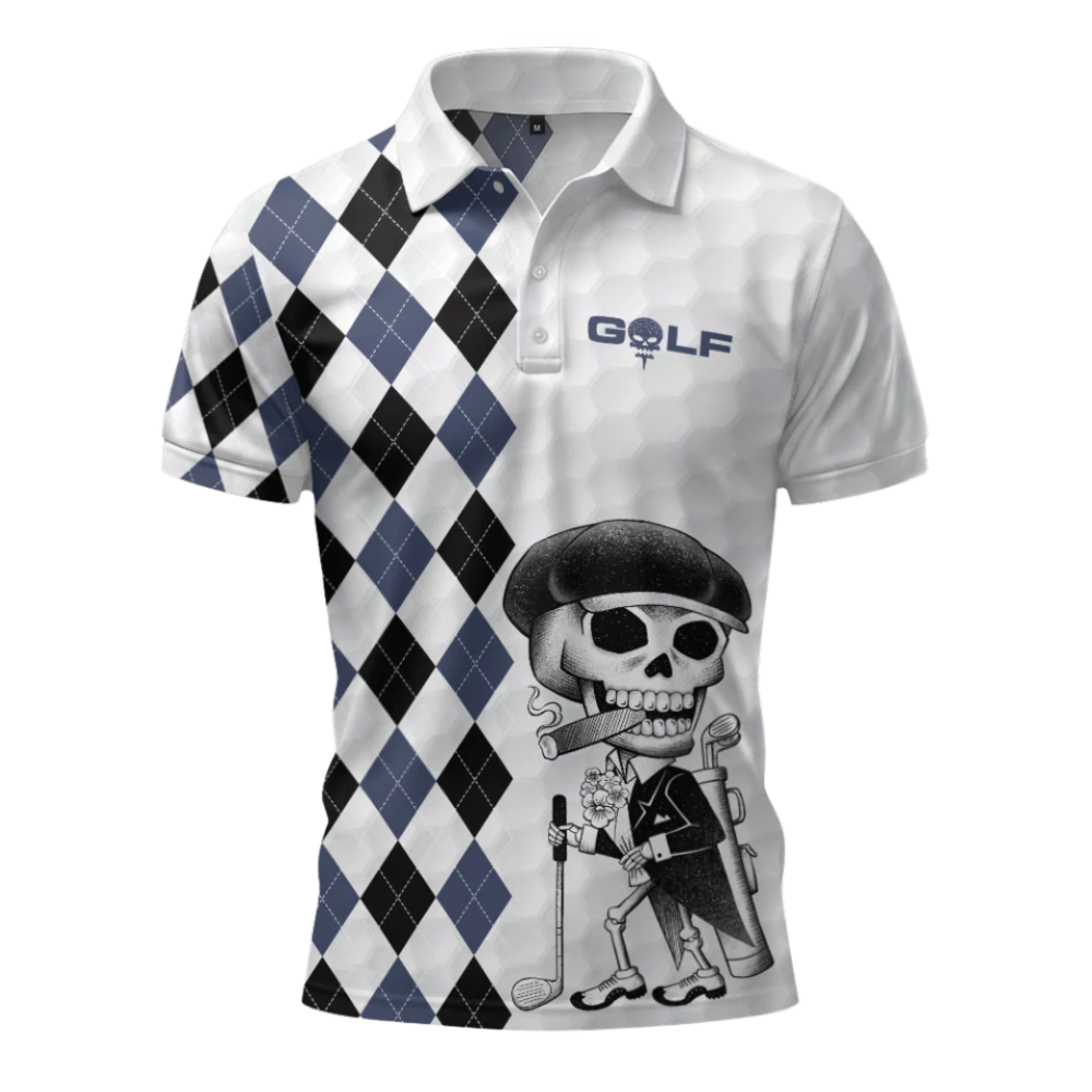 Funny Argyle Skeleton White Golf Polo Shirts For Men, Skull Golf Shirts GZ0429