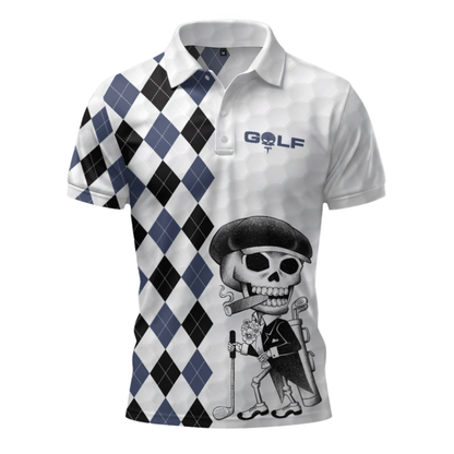 Funny Argyle Skeleton White Golf Polo Shirts For Men, Skull Golf Shirts GZ0429